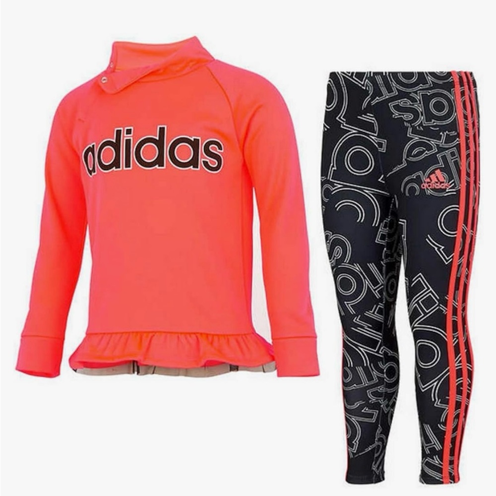 Adidas Girls Clothing Set 2-Piece Active Long Sleeve Bright Pink and Black Print